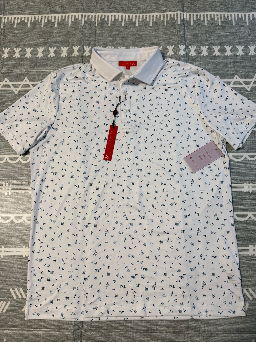 Redvanly Malmo Polo Bright White Floral Print Performance Golf Shirt NWT Size L